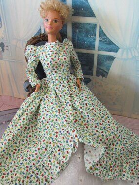 VICTORIAN BARBIE DRESS, COTTON PRINT PRAIRIE GOWN w LACE + PANTALETTES, 1880-90
